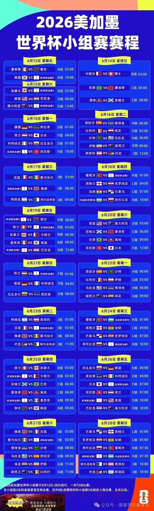 2026世界杯赛程表及高清直播时间安排